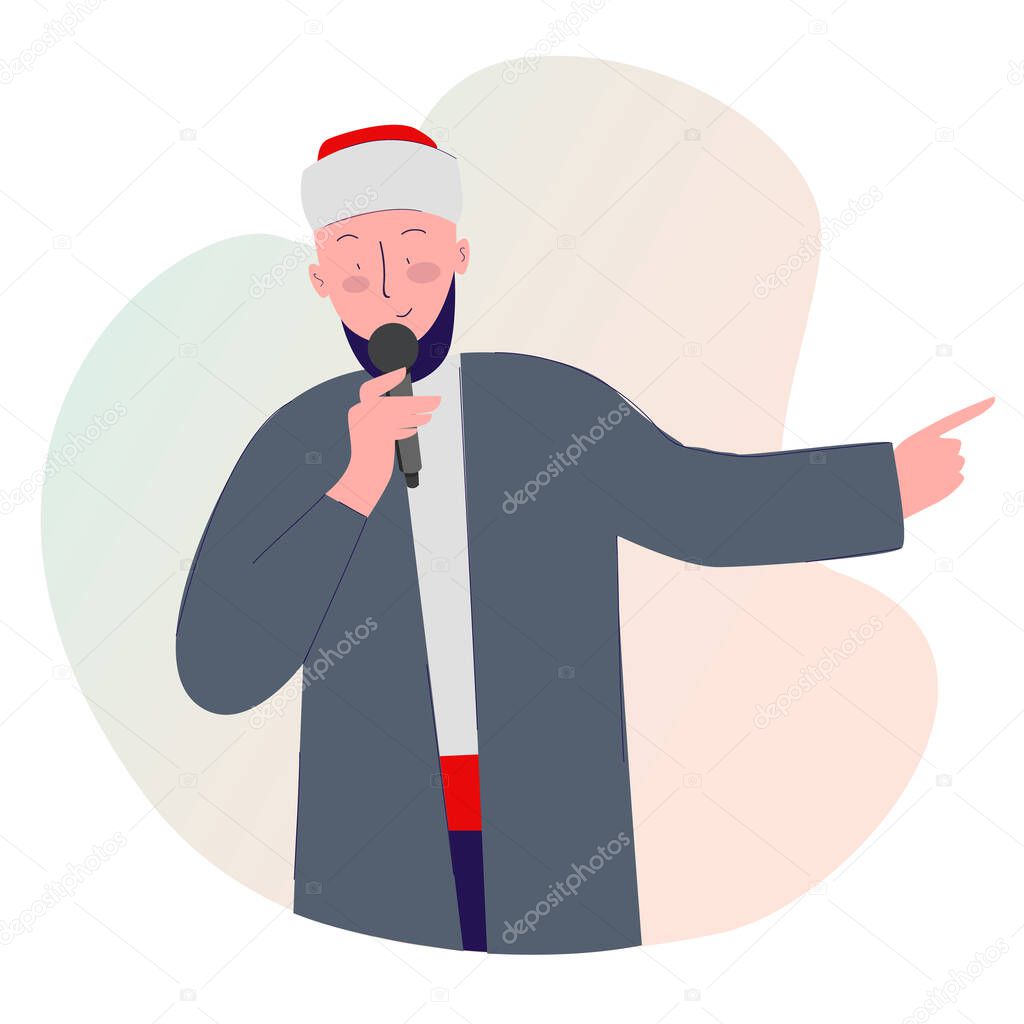 Islamic religious leader lecturing holding microphone with cartoon flat style vector design illustration