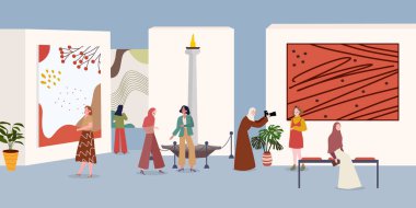 Müze sanat galerisinde düz çizgi film tarzında kadın aktivitesi