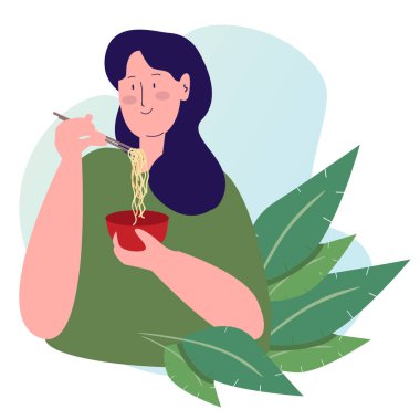 Kırmızı kasede erişte yiyen kız çizgi film gibi düz çubuk kullanıyor.