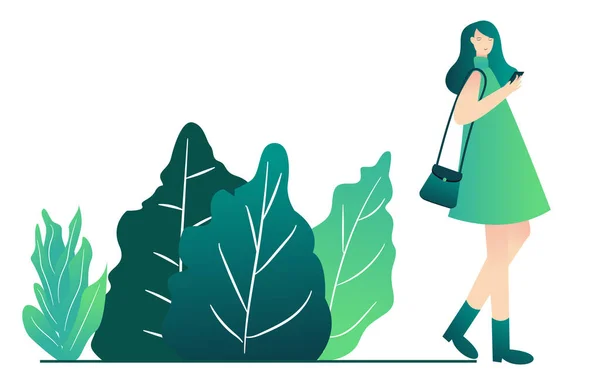Mignon fille marche sac de transport en plein air avec dessin animé style plat — Image vectorielle