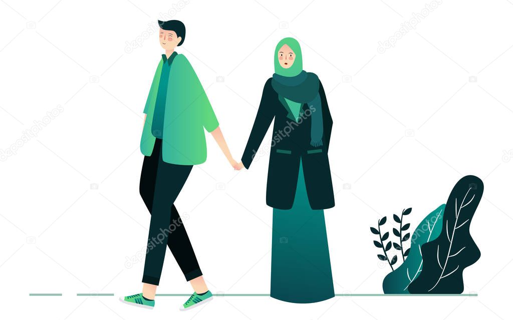 islamic couple young man and woman walking on park white isolated background with cartoon flat style