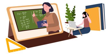 Kadınlar dizüstü bilgisayar kullanmayı modern düz stil ile öğreniyorlar