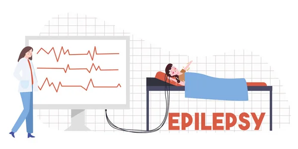 Enfant dans les soins de santé dormir dans la tête de lit câble connecté au moniteur analyser médecin avec style plat moderne — Image vectorielle