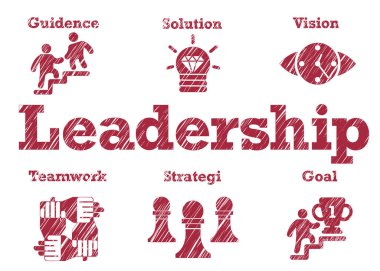 İş simgeleri etrafındaki liderlik tipografisi metinleri beyaz izole arkaplan bulanık biçimi