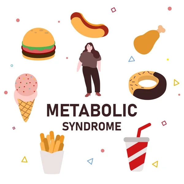 Mujer gorda con síndrome metabólico come comida chatarra demasiado le gusta hamburguesa papas fritas hot dog comida poco saludable te hace con sobrepeso — Vector de stock