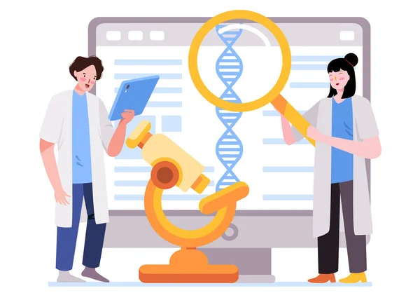 Em bioinformática para sequências de DNA pesquisador está pesquisando para testes de DNA e análise usando terminação de cadeia usando microscópio — Vetor de Stock