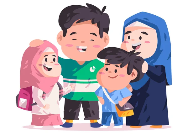 Muslim Islam pasangan orang tua bersama-sama dengan anak-anak dengan tas sekolah kembali ke sekolah di SD utama keluarga bahagia wanita mengenakan jilbab - Stok Vektor