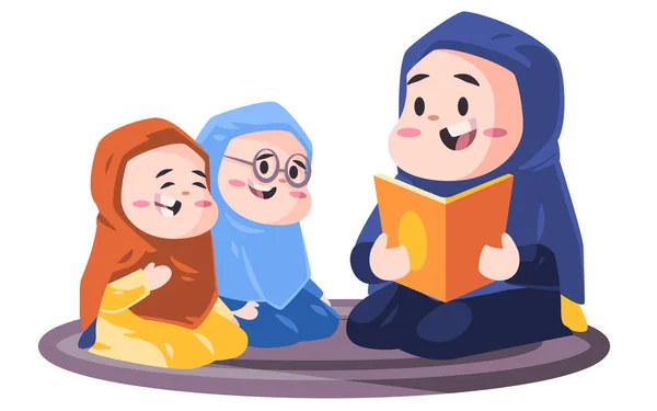 Mulher muçulmana com hijab ensino livro sagrado Alquran Alcorão com crianças moderna desenho animado estilo de cor plana isolado vetor design — Vetor de Stock