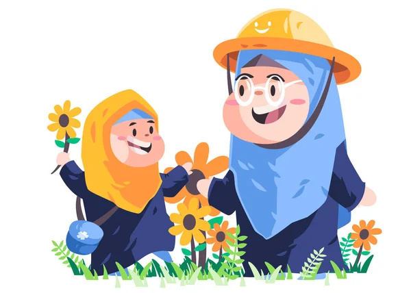 Muslim ibu dan gadis dengan hijab biru berkebun bunga matahari di taman mengenakan hijab scarf vector desain - Stok Vektor