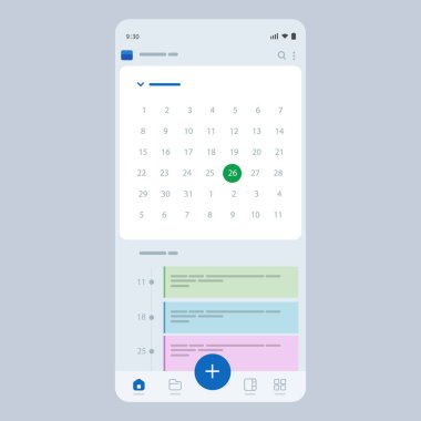 Aylık görünümü gösteren mobil takvim uygulama arayüzü vurgulanmış olay tarihi ve akıllı telefon üzerinde zaman yönetimi planlama organizasyonunun zaman çizelgeleri kavramları