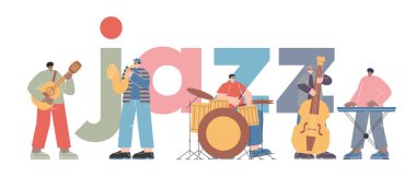 Gitar saksafon davulları, çift bas ve klavye müzik konserleri gibi çeşitli enstrümanları çalan çeşitli caz gruplarının vektör çizimi