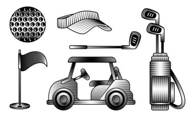Golf aletleri el çizimi vektör illüstrasyonu çanta arabasındaki beyzbol kulüpleri bayraklı kasket vintage gravür stili siyah izole kulüp logosu ya da turnuvada