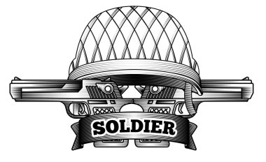 Vektör illüstrasyon askeri amblemi ordu miğferi yarı otomatik tabancalar kurdele pankartı klasik gravür stili savaş gazisi rozet savunma logosu tasarımı