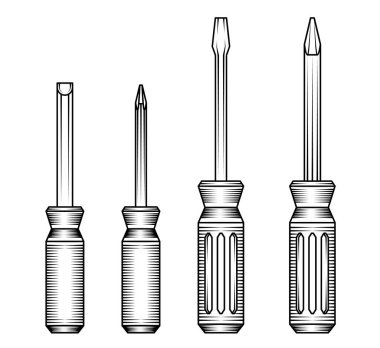 Vector illüstrasyon seti tornavida el aletleri baş türleri inşaat tamirat atölyesi teçhizatı için siyah ve beyaz oyma biçimi