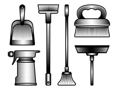 Süpürge faraş spreyi şişesi ve eski siyah beyaz vektör sanatında fırça içeren temizlik malzemeleri seti. Oda temizliği ve temizlik aletleri.