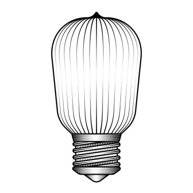 Eski ahşap kesim tarzında retro edison ampul çizimi siyah beyaz vektör sanatı fikir veya antika dekor için izole edilmiş elektrik lambası