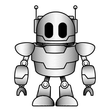 Yuvarlak başlı klasik robot karakter ve anten retro fütüristik yardımcı el çizimi vintage gravür stili illüstrasyon
