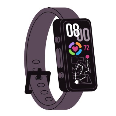 Kalp atış hızı monitörü ve harita rotası navigasyonunu gösteren akıllı fitness izleyici çizimi. Koşu ve egzersiz izleme için giyilebilir aygıt.
