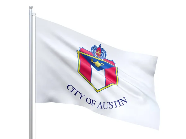 Austin (Teksas 'ta şehir) beyaz arka planda dalgalanan bayrak, yakın çekim, izole. 3 Boyutlu Hazırlama