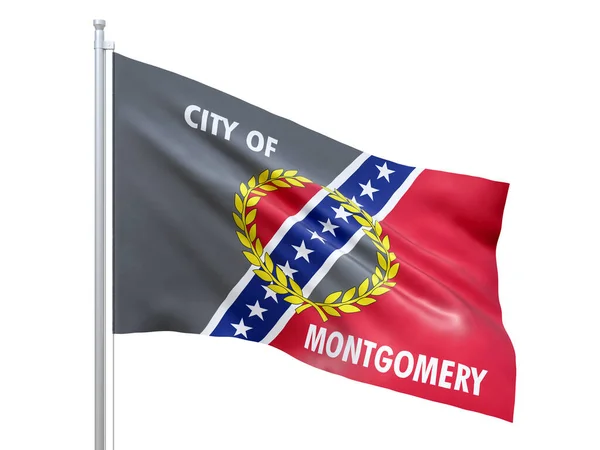 Montgomery Stad Alabama Staat Vlag Zwaaien Witte Achtergrond Close Geïsoleerd — Stockfoto