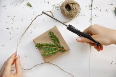 YAZ Noel paketi. Noel hediye kutuları ve köknar dallı süslemeler. 