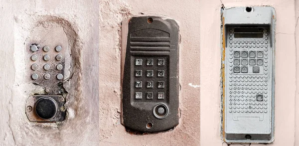 Tríptico de un viejo intercomunicador. collage de tres cerraduras de puerta combinadas electrónicas — Foto de Stock