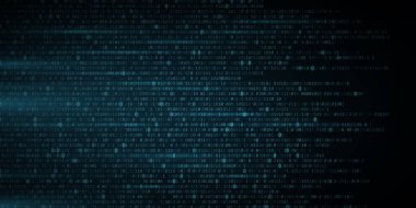 Soyut parlak mavi ikili kod arka planı. Rastgele programlama sembolleri hareket halinde. Dijital veri. Yüksek teknoloji konsepti. Programlama tasarımı. Işık etkisi. Vektör çizimi. EPS 10