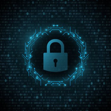 Simgeyi parlayan ikili kod arka planına sahip devre bilgisayarının çerçevesine kilitle. Sistem güvenliği ve hackerlardan koruma. Programlama tasarımı. Fütürist bayrak. Vektör çizimi. EPS 10
