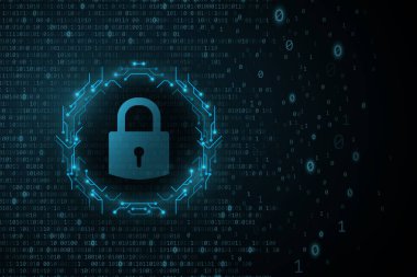 Simgeyi parlayan yazılım ikili kodlu devre bilgisayar kartına kilitle. Sistem güvenliği ve hackerlardan koruma. Programlama arka planı. Vektör çizimi. EPS 10
