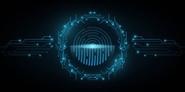 Devre bilgisayarının insan parmak izi tarayıcı çerçevesi. Sistem yazılım güvenliği ve hackerlardan korunma. Programlama arka planı. Siber stil. Vektör çizimi. EPS 10