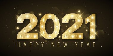 Mutlu yıllar 2021. Şık retro lambalı lüks altın numaralar. Zarif bir tebrik kartı. Soyut ışık bokeh. Vektör illüstrasyonu.