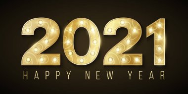 Mutlu yıllar 2021. Şık retro lambalı lüks altın numaralar. Zarif bir tebrik kartı. Vektör illüstrasyonu.