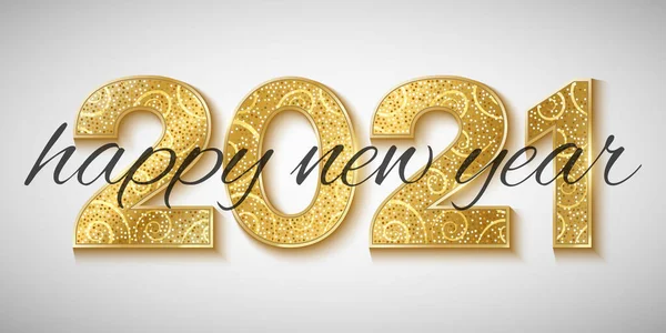 Šťastný Nový Rok 2021 Zlaté Třpytivé Čísla Jasném Pozadí Dárková — Stockový vektor