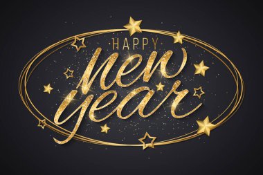 Yeni yıl altın harfleri, altın yıldızların süslemeleriyle karanlık bir arkaplanda. Tebrik kartı ya da poster dizaynı. Vektör çizimi. EPS 10