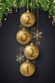 Třpytivé vánoční koule s čísly 2021 Nový rok a jedle. Grunge brush. Luxusní dekorace zlatých sněhových vloček a hvězd. Pozdrav nebo plakát. Vektorová ilustrace. EPS 10