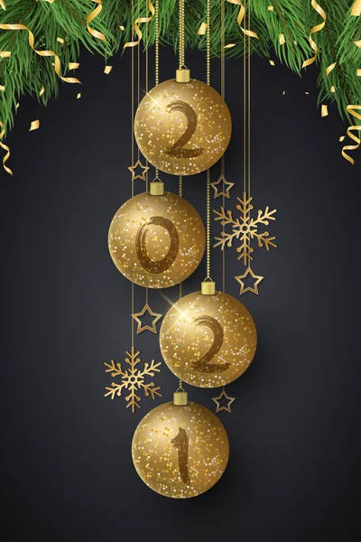 闪烁着数字2021新年和枞树的圣诞球 擦拭刷子 金色雪花和星星的华丽装饰 贺卡或海报 矢量图解 Eps — 图库矢量图片