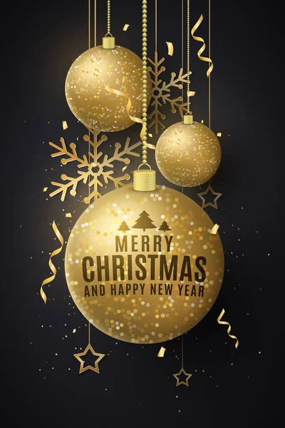 Різдвяні Прикраси Блискучих Золотих Висячих Кульок Написом Конфітті Мішура Сніжинки — стоковий вектор