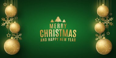 Noel afişi ve sallanan kar taneleriyle parıldayan altın topların süsleri, yeşil arka planda yıldızlar. Tebrik kartı ya da poster için şablon. Vektör çizimi. EPS 10