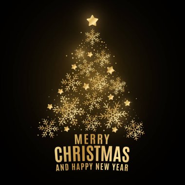 Siyah arka planda parlayan altın kar tanelerinden yapılmış parıldayan Noel ağacı. Tebrik kartı için şık bir kılıf. - Mutlu yıllar. Yıldız süslemesi. Vektör çizimi. EPS 10
