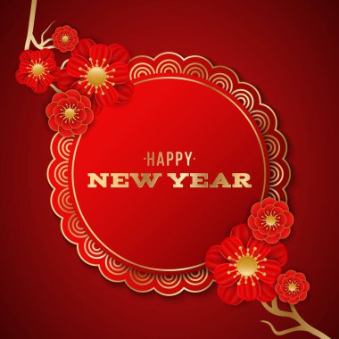 Kırmızı arka planda kırmızı çiçek açan bir ağaçla süslenmiş mutlu Çin Yeni Yılı etiketleri. Kağıt kesim stili. Vektör çizimi. EPS 10