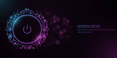 Arkaplanda altıgen desenli bilgisayar devre kartı olan fütüristik güç düğmesi. HUD arayüzü ve UI konsepti. Siber neon düğmesi. Vektör çizimi. EPS 10