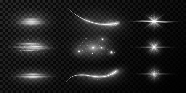 Sammlung Von Blendung Sternen Und Strahlen Auf Dunklem Transparentem Hintergrund — Stockvektor