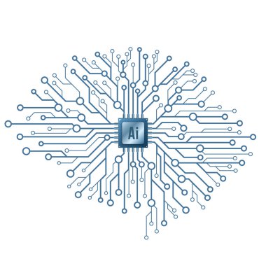 Yapay zeka. Beyaz arka planda Cyborg teknolojik beyni. Bilgisayar devre kartı ve işlemci. Siber düşünce. Vektör çizimi. EPS 10