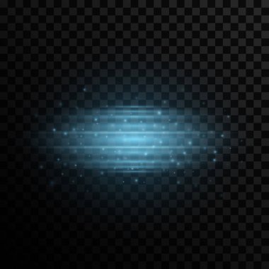 Şeffaf bir arkaplanda şık bir ışık efekti. Parlayan parçacıklarla modern lazer etkisi. Mavi parlama ve işaret fişeği. Vektör çizimi. EPS 10