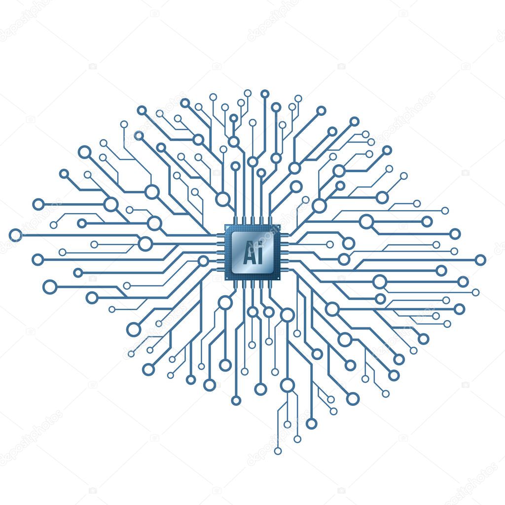 Artificial intelligence. Cyborg technological brain on white background. Computer circuit board with a processor. Cyber thinking. Vector illustration. EPS 10