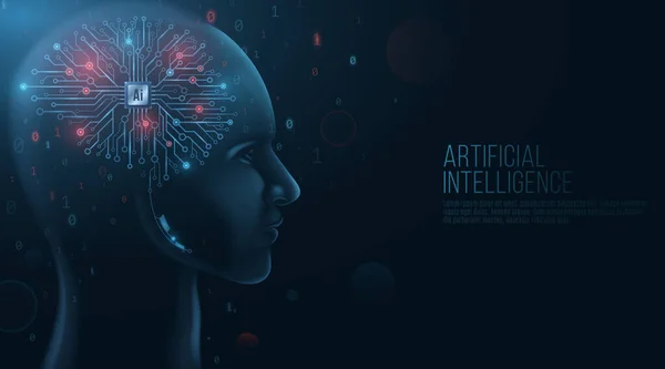 机器人脸模型 未来主义技术头脑 计算机处理器和电路板 二进制代码 人工智能 神经网络 数据可视化设计 矢量说明 — 图库矢量图片