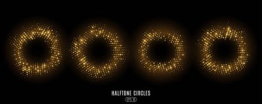 Soyut altın parıldayan yarım tonlu daireler. Bir disko partisi için parlak noktalı daireler. Grafik tasarımı için şenlikli yuvarlak çerçeveler. Vektör çizimi. EPS 10.