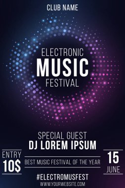 Elektronik müzik festivali. Parti ilanı. Mor ve mavi renkli gösterişli yarım tonlu pankart. Parlak bir yüzük. Metin dekorasyonu. Kulüp ve DJ ismi. Vektör çizimi. EPS 10.