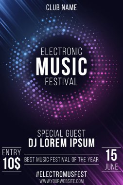Elektronik müzik festivali. Parti ilanı. Mor ve mavi renkli gösterişli yarım tonlu pankart. Parlak bir yüzük. Metin dekorasyonu. Kulüp ve DJ ismi. Şenlik posteri. Vektör çizimi. EPS 10.