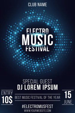 Elektro müzik festivali. Parti posteri. Şık mavi ışıltılı yarım ton çerçeve. Parlak bir yüzük. Metin dekorasyonu. Bayram afişi. Kulüp ve DJ ismi. Vektör çizimi. EPS 10.